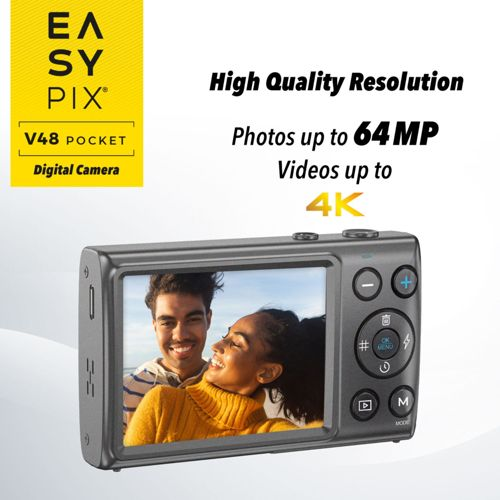 Aparat cyfrowy z dwoma uśmiechniętymi osobami na ekranie. Zdjęcie 64 MP, wideo 4K.