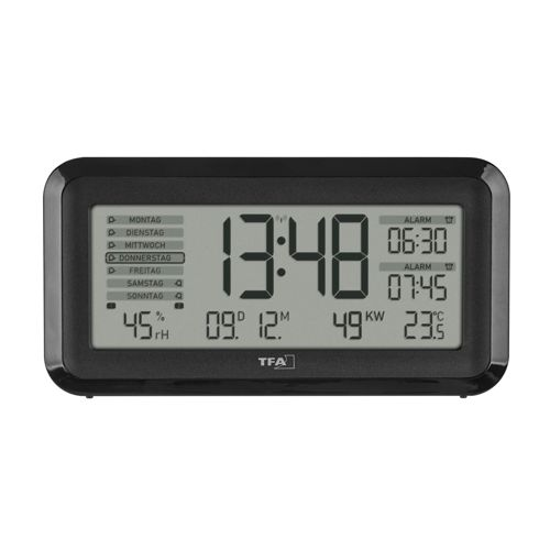 Digitaluhr zeigt 13:48, 45% Luftfeuchtigkeit, 9.12 Datum, 49KW, 23.5°C, und zwei Alarme.