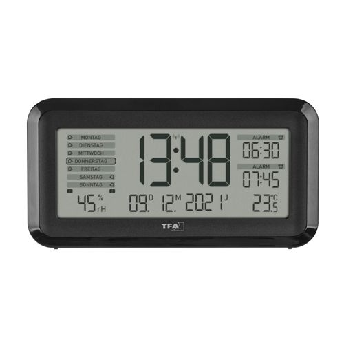 Ein schwarzer Digitalwecker zeigt 13:48 Uhr, 45% Luftfeuchtigkeit und 23.5°C.