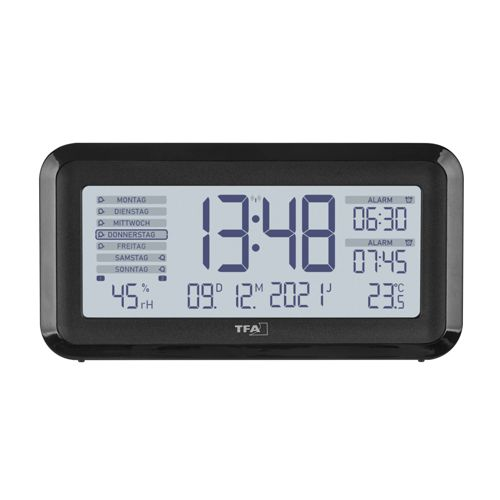 Digitaluhr zeigt 13:48, 45% Luftfeuchtigkeit, Datum 09.12.2021, Temperatur 23.5°C.