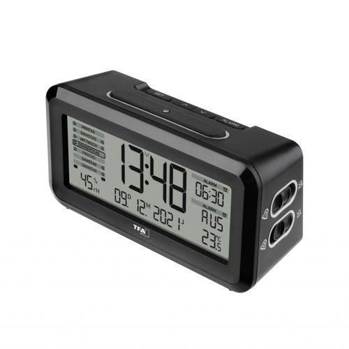 Schwarzer digitaler Wecker zeigt 13:48 Uhr, 45% Luftfeuchtigkeit, 09.12.2021, Alarm 06:30 Uhr und 23.5 Grad Celsius.