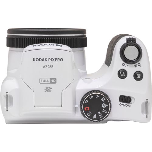 Cámara Kodak Pixpro AZ255 blanca con dial de modos y interruptor de encendido/apagado.