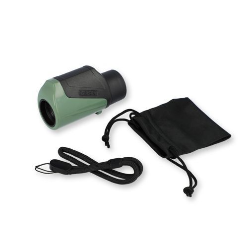 Un monocolo verde e nero con custodia nera con coulisse e cinturino da polso.