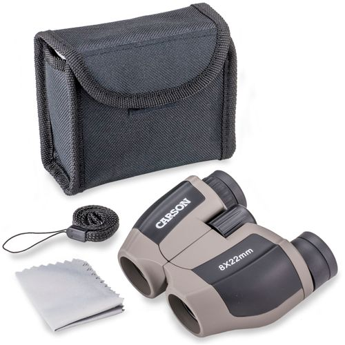 Binocolo Carson 8x22mm grigio e nero con custodia, cordino e panno.