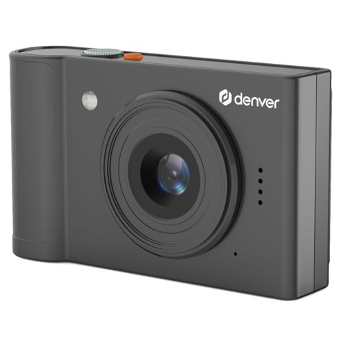 Eine graue Denver-Kamera mit einem großen Objektiv und einem orangefarbenen Knopf.