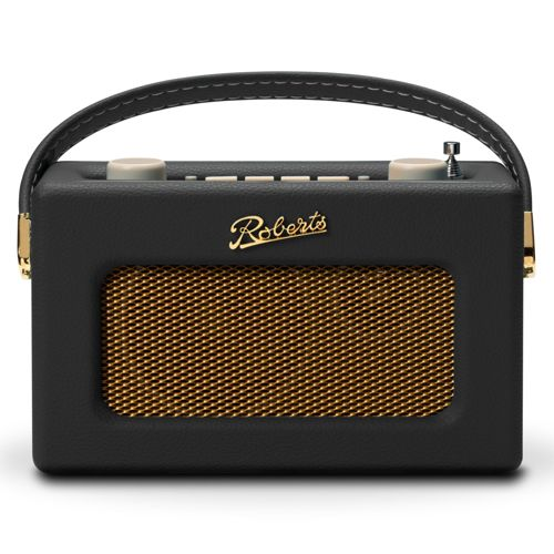 Een zwarte retro radio met gouden luidsprekergrill en handvat.