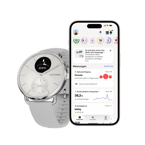 Eine silberne Withings-Uhr zeigt 37,5°C neben einem Smartphone mit Gesundheitsdaten.