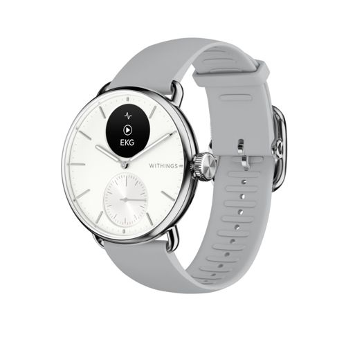 Eine hellgraue Smartwatch mit weißem Zifferblatt, das ein EKG-Bild anzeigt.