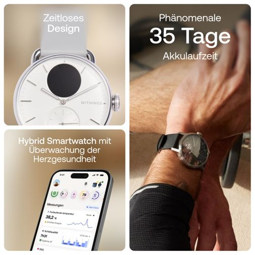 Hybrid-Smartwatch mit 35 Tagen Akkulaufzeit, Design und Gesundheitsüberwachung.