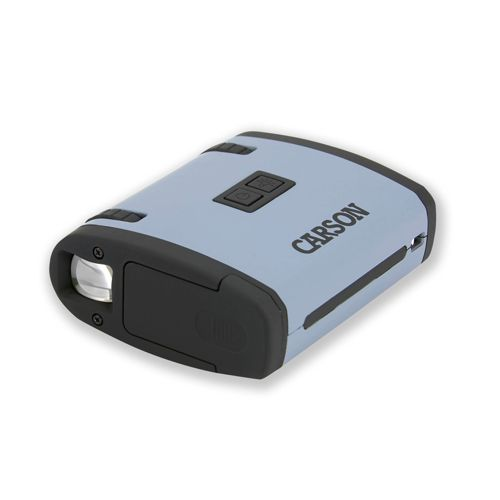 Mostrato un telemetro Carson azzurro con custodia e lente nere.