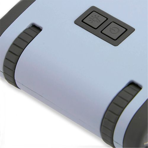 Dispositivo azzurro con due pulsanti grigio scuro: uno per la luce, uno per l'accensione.