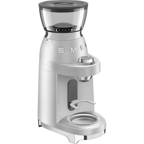 Eine silberne Kaffeemühle mit transparentem Behälter und schwarzem Deckel.