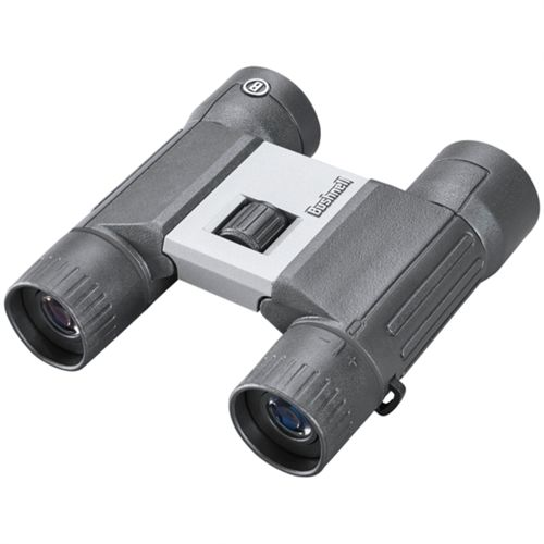 Grijze Bushnell verrekijker met zilveren middenstuk en scherpstelwiel.