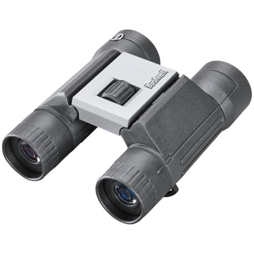 Grijze Bushnell verrekijker met zilveren scherpstelwiel en zwarte behuizing.