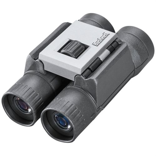 Compacte grijze en zilveren Bushnell verrekijker met scherpstelwiel.