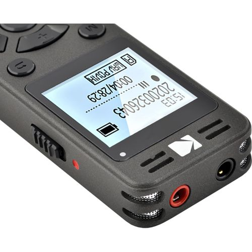 Schwarzer digitaler Rekorder mit kleinem Bildschirm, der Datum, Uhrzeit und Batteriestatus anzeigt.