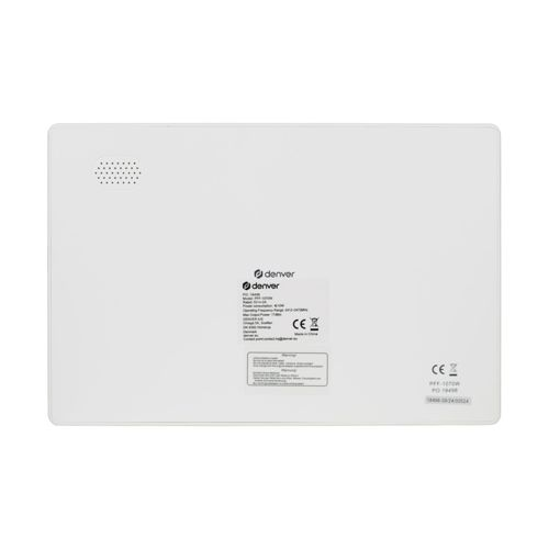 Weiße Tablet-Rückansicht. Denver-Logo, CE-Zeichen und Produktinfo-Etiketten.
