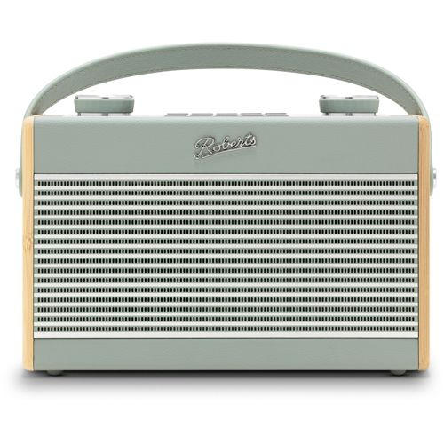 Une enceinte d'inspiration rétro avec cadre en bois, façade grise et poignée.