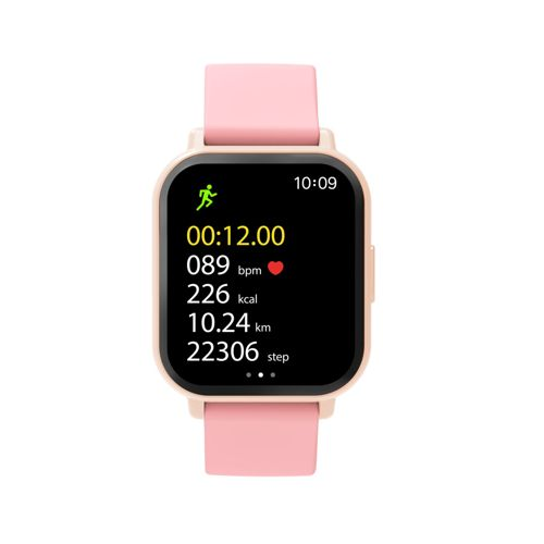 A pink smartwatch with a black screen displays time, steps, calories, heart rate, and distance.