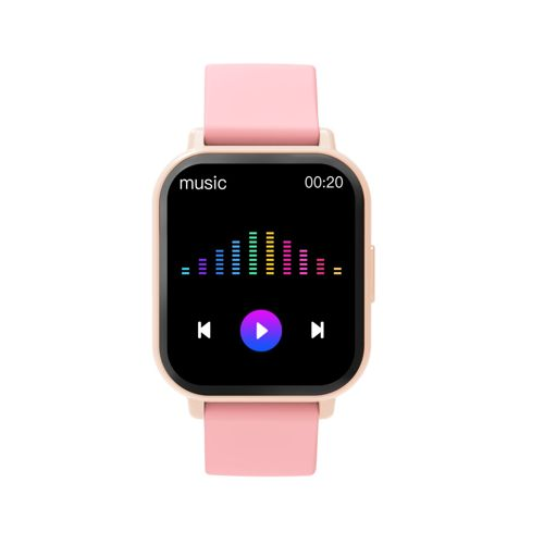 Pink smartwatch displaying music interface with equalizer, play button, and time 00:20.