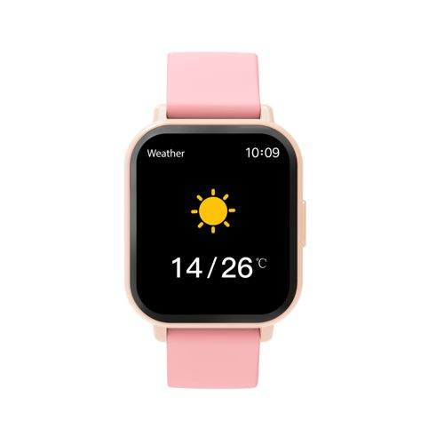 A pink smartwatch with a black screen displaying the weather.