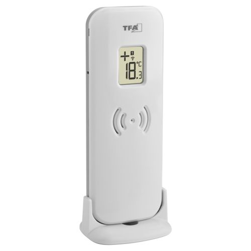 Ein weißes TFA-Thermometer mit Digitalanzeige und Antennensymbol.