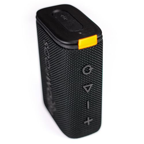 Haut-parleur Bluetooth noir avec accent jaune et boutons de commande.