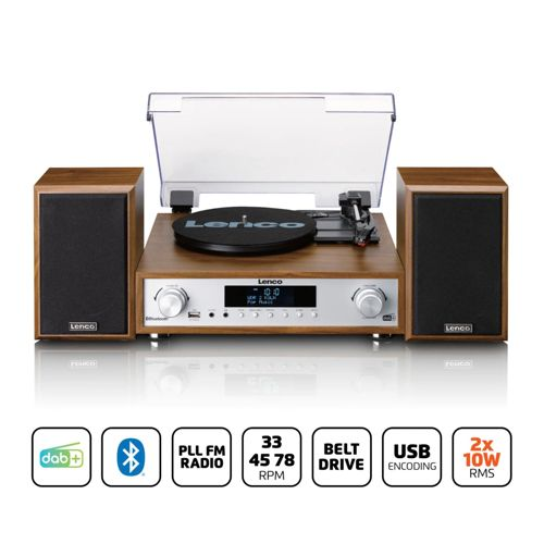 A Lenco record player with two wooden speakers and icons for DAB+, Bluetooth, Radio, USB.