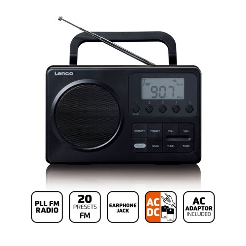 Radio Lenco noire avec antenne extensible et écran LCD affichant 90.7 FM.