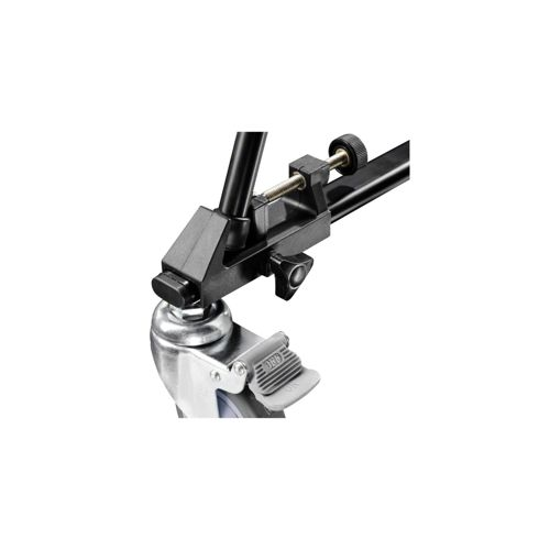 Ein schwarzer Klemmmechanismus mit einem Rad und Bremshebel auf Metallbasis.