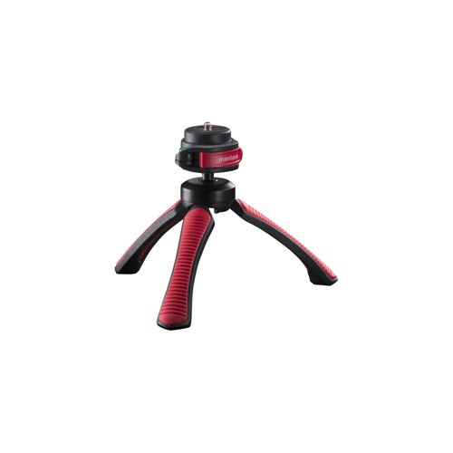 Un mini trípode compacto rojo y negro con patas flexibles y rótula.