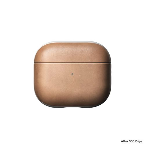 Ein braunes Leder-Airpod-Etui mit weißem Deckelrand, auf weißem Hintergrund.
