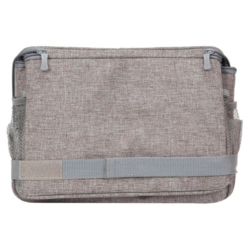 Graue Stofftasche mit Reißverschluss oben und Netzseitentaschen.