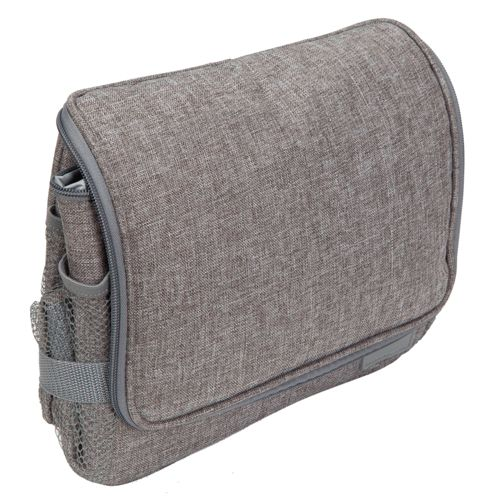 Graue Kulturtasche aus Stoff mit Außentaschen und Reißverschluss.