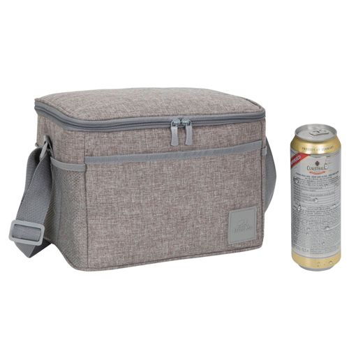 Graue Kühltasche mit Reißverschluss und Schultergurt, daneben eine Bierdose.