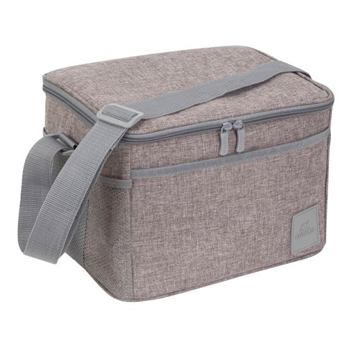 Graue Kühltasche mit Schultergurt und Reißverschluss.