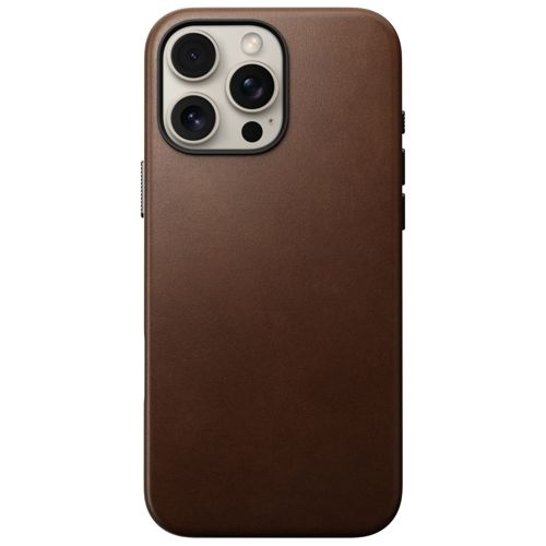 Custodia marrone per telefono con obiettivi della fotocamera in alto a sinistra.