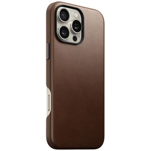 Custodia marrone per telefono con tre fotocamere posteriori e accenti bianchi.