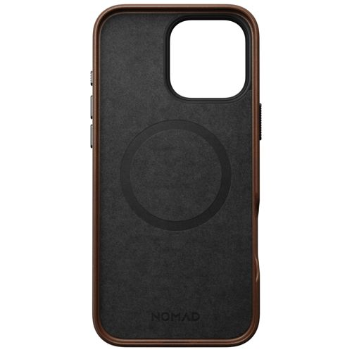Retro di una custodia marrone per iPhone con rivestimento interno nero e cerchio MagSafe.