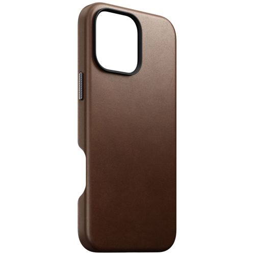 Una custodia per telefono marrone con ritaglio rettangolare per fotocamera.