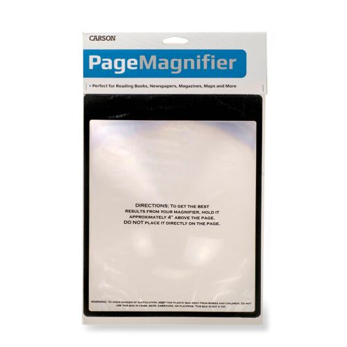Verpackung eines Carson PageMagnifier mit Anweisungen und Warnhinweisen.
