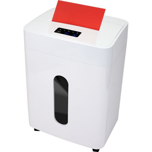 Ein weißer Aktenvernichter mit rotem Blatt Papier oben.