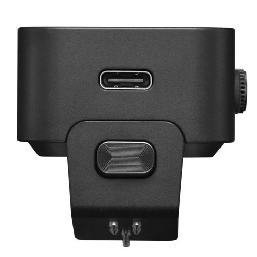 Schwarzes Rechteck mit USB-C-Anschluss oben und einem Knopf darunter.