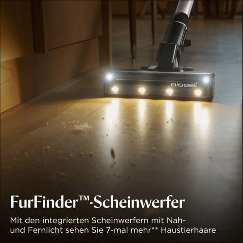 Testina aspirapolvere Bissell con luci illumina polvere su pavimento in legno.