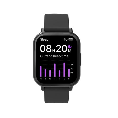 Black smartwatch displaying sleep data: 08h 20m current sleep time, with a bar graph.