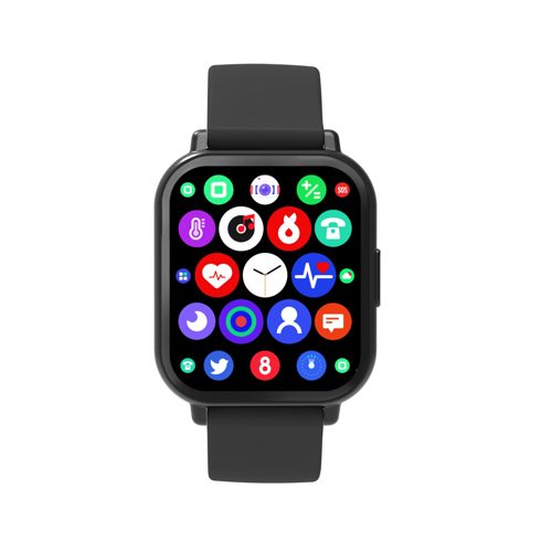 A black smartwatch with a square touchscreen displaying app icons.