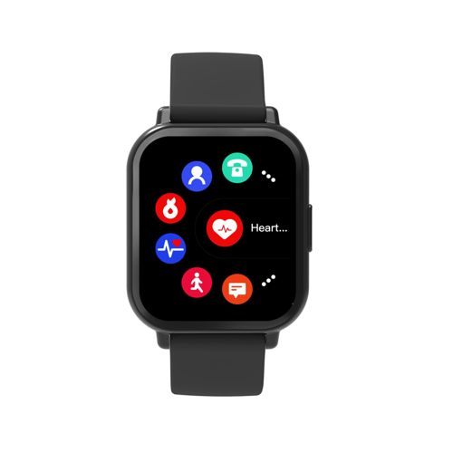 A black smartwatch displaying a colorful app menu on its screen.