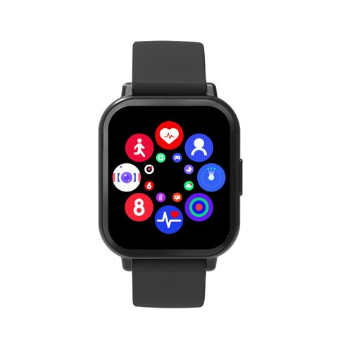 Black smartwatch with colorful app icons menu on the dark screen.