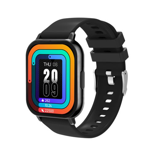 A black smartwatch with a colorful display showing time, date, and activity stats.