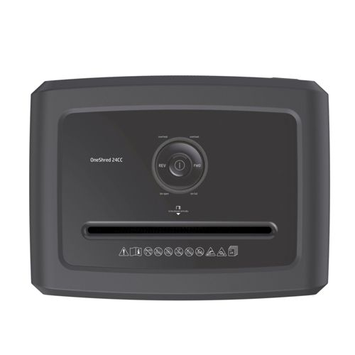 Une destructrice de papier noire OneShred 24CC avec cadran de commande et fente.